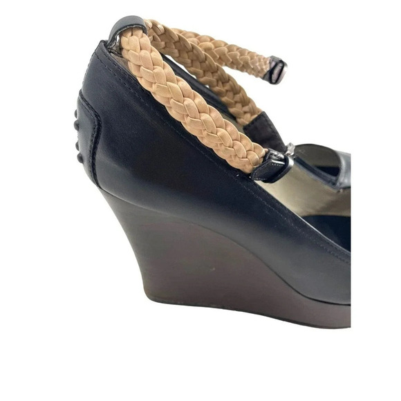 TOD'S Womens size US 7 Black Leather Platform Wedge Shoes Strap EU 37 Dust Bag - Picture 8 of 16